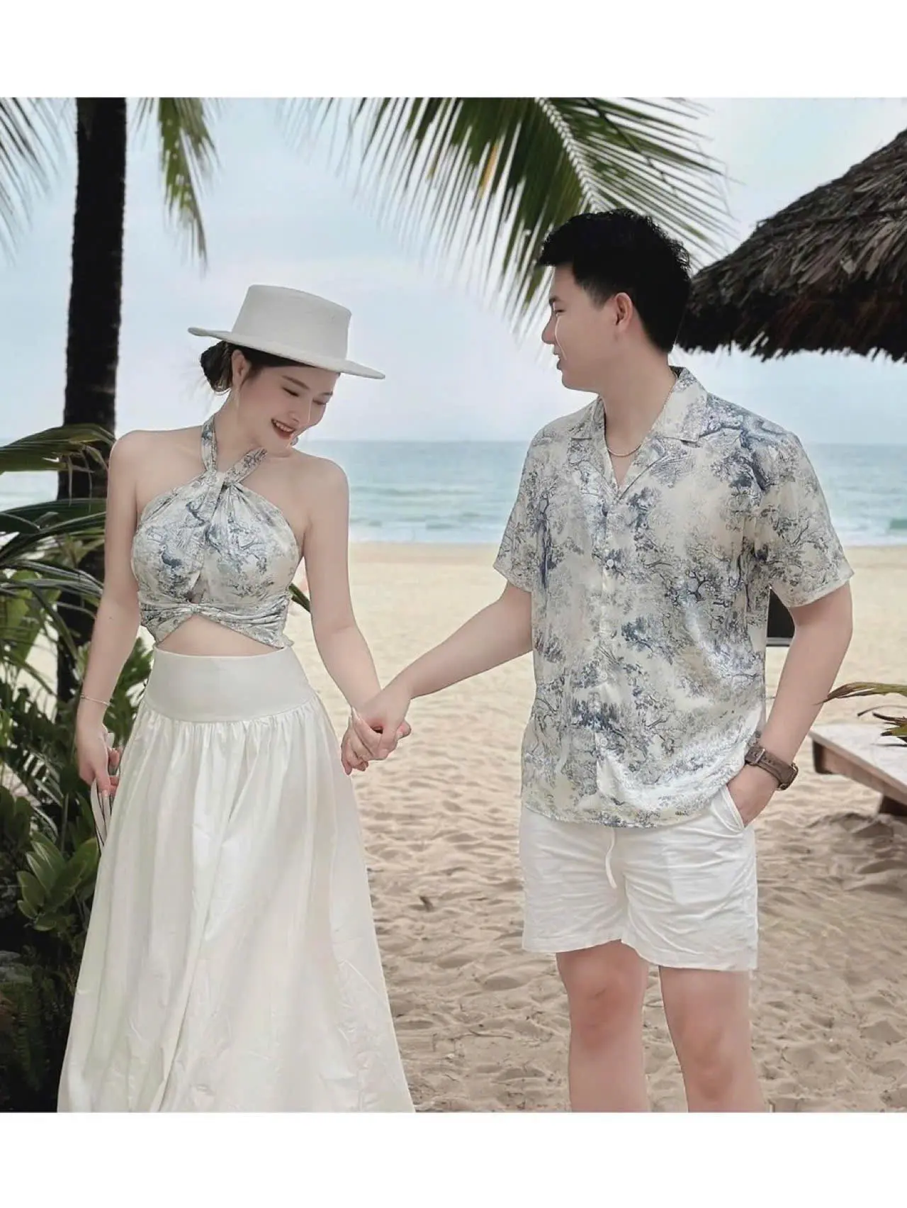 Set áo yếm + chân váy và sơ mi nam cặp đôi đi biển hoạ tiết xám xanh nhã nhặn tôn dáng