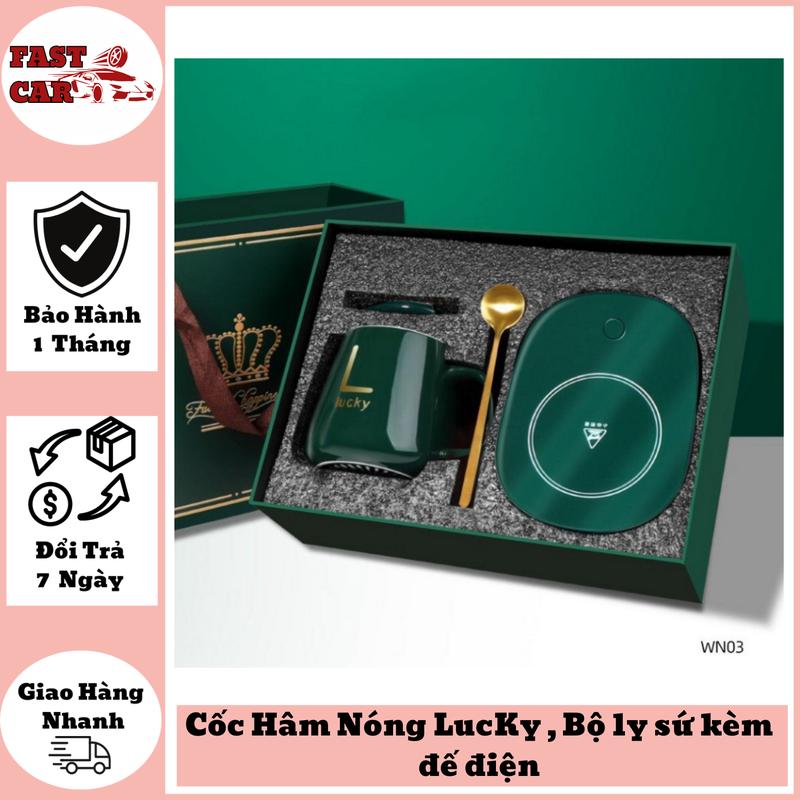 Cốc Hâm Nóng LucKy , Bộ ly sứ kèm đế điện hâm nóng trà, cafe, hâm sưɑ~ + Tặng kèm thìa vàng, hộp sang trọng