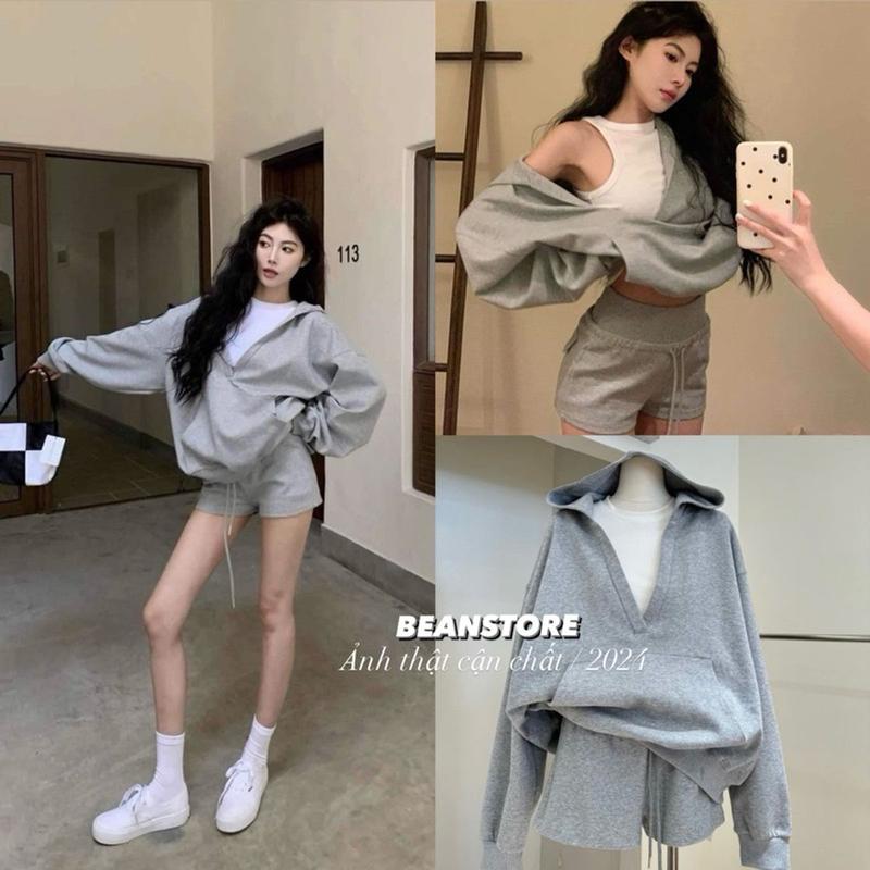Set Bộ Nỉ Nữ, Set Đồ Nữ Áo Nỉ Hoodie Quần Short Nỉ Cotton tặng kèm áo Ba Lỗ Phong Cách Hàn Quốc