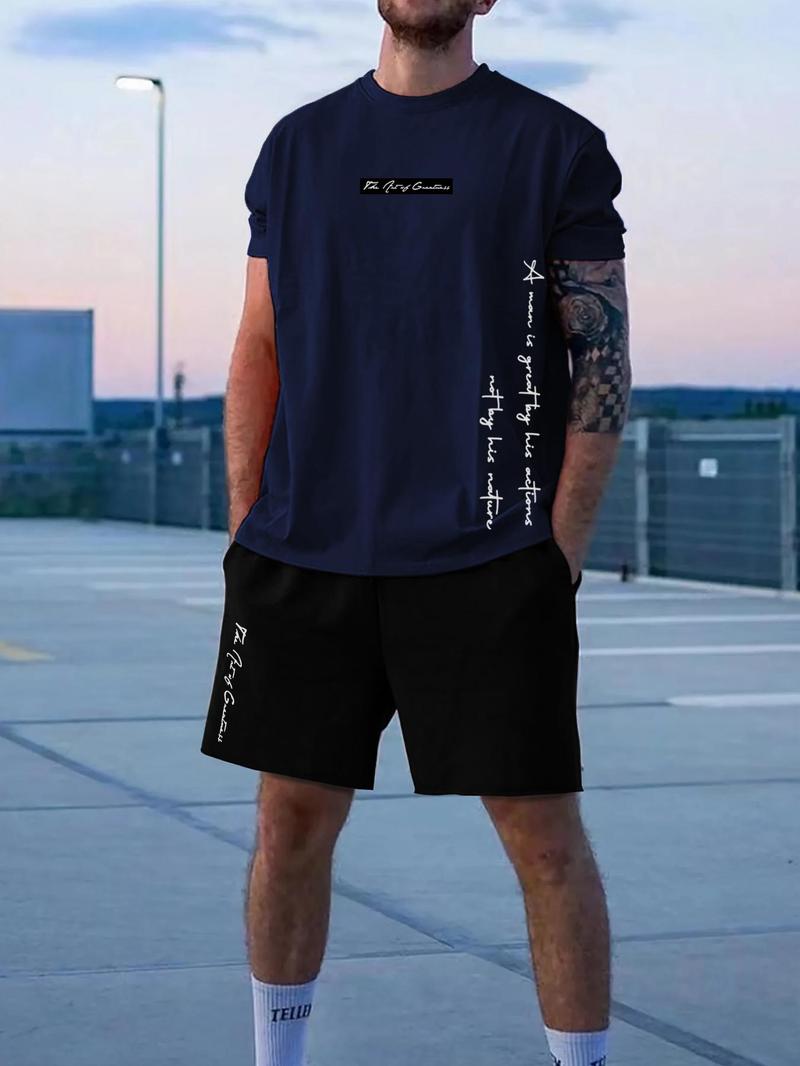 Product Introduction of Two-Piece Set Men's Letter Print Tee & Drawstring Pocket Shorts Set, Regular Fit Casual Short Sleeve T-Shirt & Shorts, Men Summer Outfits 2024 8
