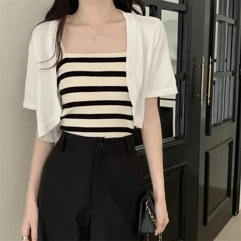 Summer Ice Silk Short Knitted Cardigan Women Solid Color Short Sleeve Thin Sunscreen Shirt