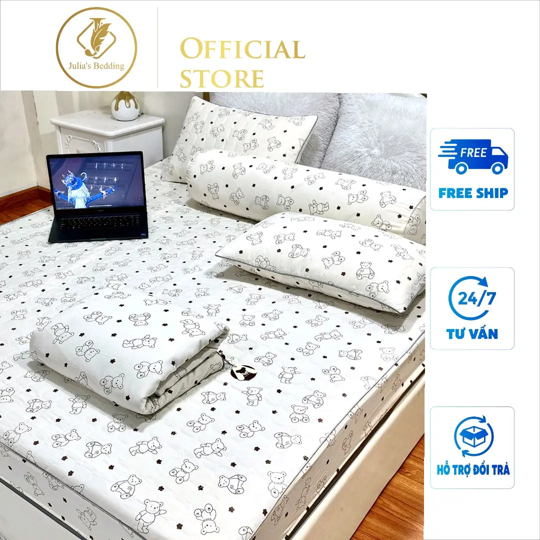 Bộ ga gối COTTON ĐŨI XƠ ĐẬU NÀNH HỮU CƠ trần bông thoáng khí, siêu mềm, mát. Gồm 1 ga giường trần bông và 2 vỏ gối đầu cùng tông màu