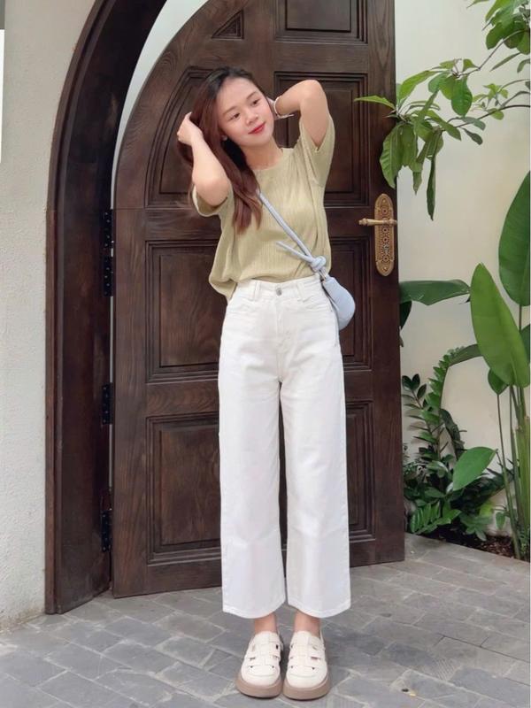 Quần Jean Suông Form Lửng Trắng/Kem/Đen (88cm) LEDA Nữ Nấm Lùn 9 Tấc 1m50 Quần Bò Nấm Lùn Suông Lỡ