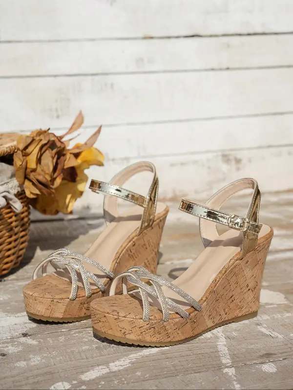 Women's Fashionable Glitter Strappy Wedges Heels Sandals, Bohemian Sandals, Elegant Sandal, Boho Style Open Toe Ankle Strap Sandals for Beach Vacation, Casual Versatile Platform Shoes for Daily Wear, Girl 3