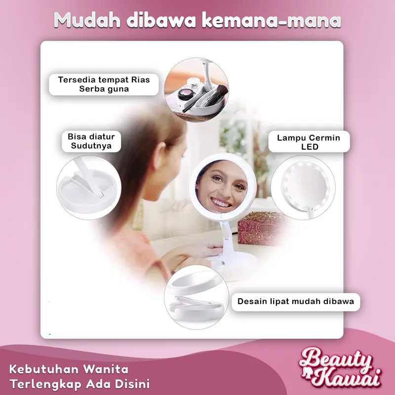 Cermin Bulat Lipat Kaca Rias LED 2 Sisi Ganda Putar USB Cas 1