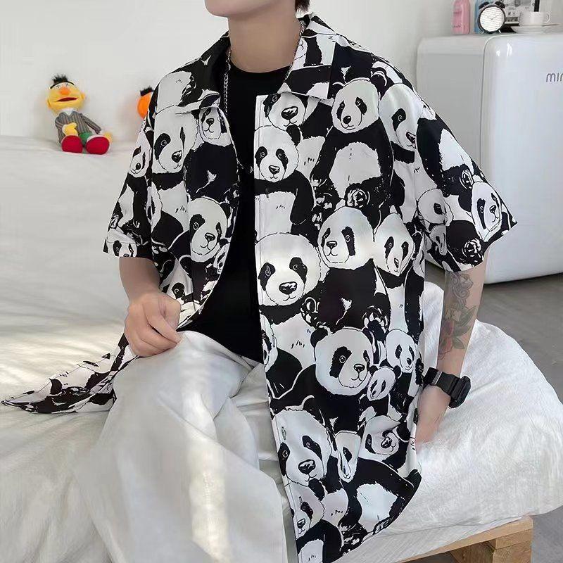 Áo Sơ Mi In Đầy Đủ, Thiết Kế Gấu Trúc, ngắn Tay Nam, Dáng Rộng Vừa Vặn, Phong Cách Hàn Quốc, Hợp Xu hướng, Phong Cách Hồng Kông Mới 2024, Áo Khoác Sơ Mi Cá Tính Nhật Bản 1