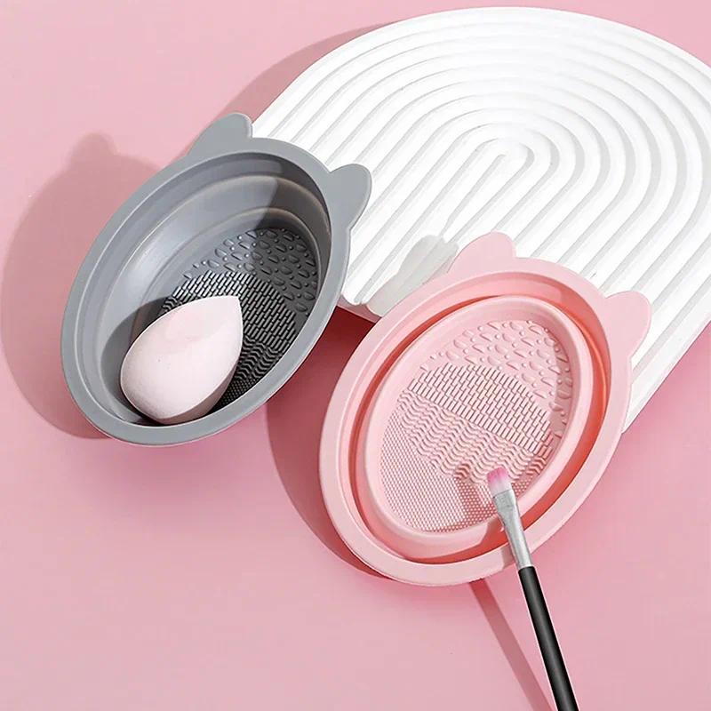 Product Introduction of New Silicone Makeup Brush Cleaner Foldable Beauty Sponge Powder Puff Cleaning Bowl Cosmetic Brush Washing Mat with Drying Rack 28