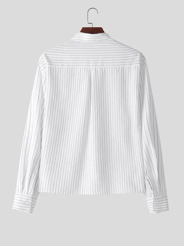 Men's Striped Print Long Sleeve Crop Shirt, High Stretch Casual Comfy Button Front Collared Top for Daily Wear, Men's Clothes for All Seasons,  Streetwear 4