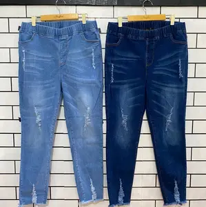 celana jeans wanita jumbo model sobek-sobek - celana Denim panjang wanita pinggang karet Legging Biru Muda Stretch