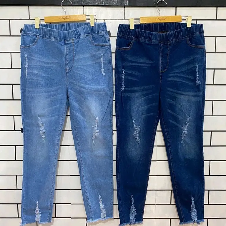 celana jeans wanita jumbo model sobek-sobek - celana Denim panjang wanita pinggang karet Legging Biru Muda Stretch