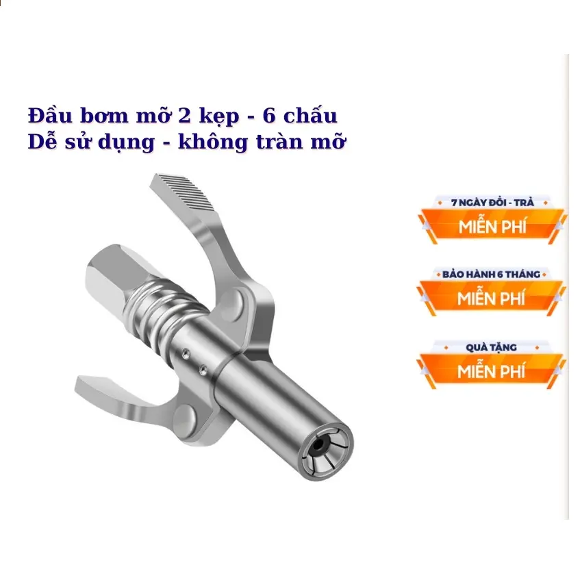 Đầu Bơm Mỡ Bò Bôi Trơn Áp Suất Cao Dạng 2 Kẹp Khóa Tiện Dụng, 6 Chấu, Thép Không Rỉ Sử Dụng Thuận Tiện