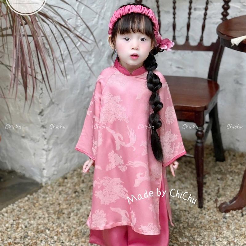 Áo Dài Bé Gái CHICHU Gấm Hồng Phượng Hoàng Cổ Tầu Cách Tân TẶNG CÀI TÓC Theo Set áo dài  bé gái 1