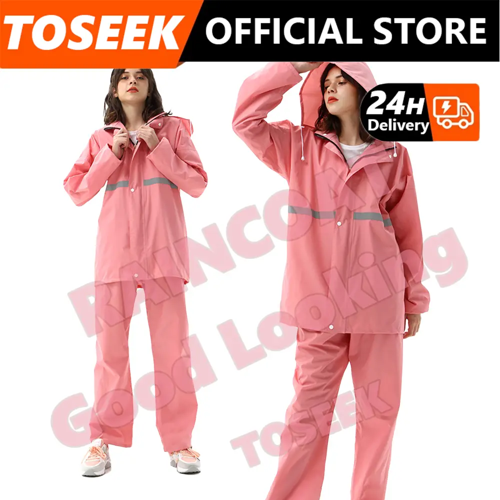 Baju Hujan Motosikal Tebal Reflektif, TOSEEK, Untuk Wanita, Baju Hujan Panjang, Saiz Dewasa, Kalis Air, Sesuai untuk Kembara Berjalan Kaki dan Memancing, Kot Pakaian Hujan dengan Seluar Hujan