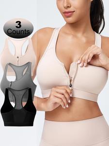 Women's Solid Zip Front Sports Bra, Breathable Comfortable Removable Chest Pads Wireless Sports Bra, Gym Wear, Ladies Sportswear for Workout Fitness Running, Gym Clothes, Activewear, Bras Women