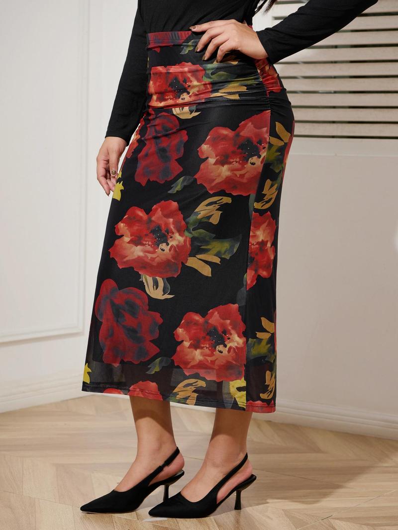 Product Introduction of YOZY-CURVZY Plus Size Floral Print Ruched Tulle Skirt, Casual Fashionable Skirt for Daily Outdoor Wear, Women Plus Clothing for All Seasons 6