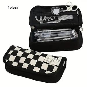 Estuche para lápices de gran capacidad, diseño de tablero de ajedrez, bolsa para lápices multifuncional de lona, regalo para la vuelta a clases, idea de regalo para festividades