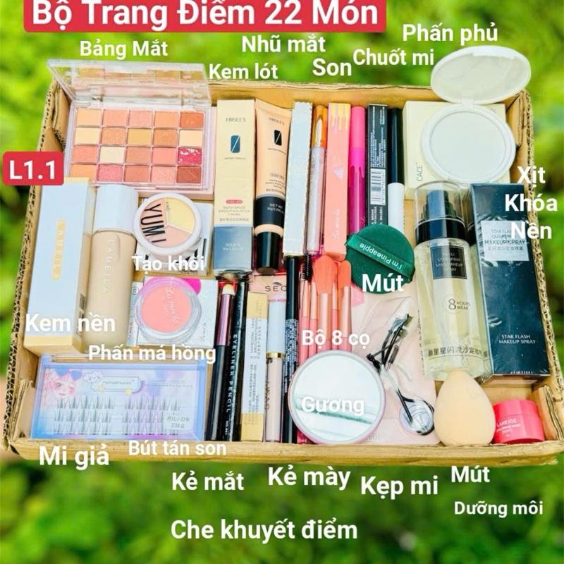 Bộ Trang Điểm 22 Món L1.1 Makeup Cơ Bản Cho Nữ Mới Học Trang Điểm Đầy Đủ Xịt Khoá Nền+Lông Mi +Kem Nền+Kem Lót+Che Khuyết Điểm+Son Kem+Phấn Phủ Mỹ Phẩm Cosmetic