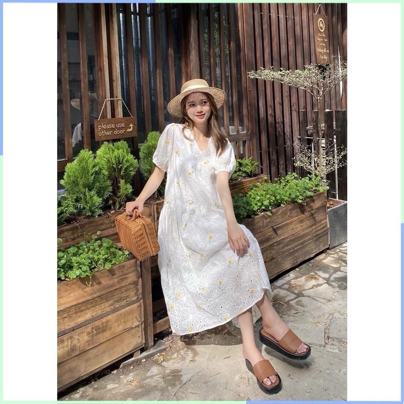 Váy bầu suông đuôi cá hoa thêu dáng dài cao cấp Nữ Women  Màu Trắng Voan Dress Voi