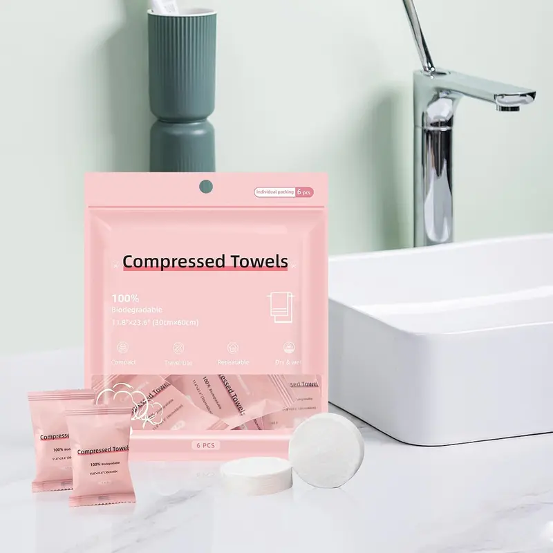 Disposable Compressed Towel, 6counts/pack Portable Travel Towel, Disposable Cloth for Travel, Camping, Hiking, Sport and Other Outdoor Activities 5