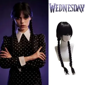 Wig Wednesday Adam Addams Cosplay Rambut Kepang Hitam Panjang Dengan Poni Tahan Suhu Tinggi Wig Dikepang Sintetis Untuk Pesta Halloween