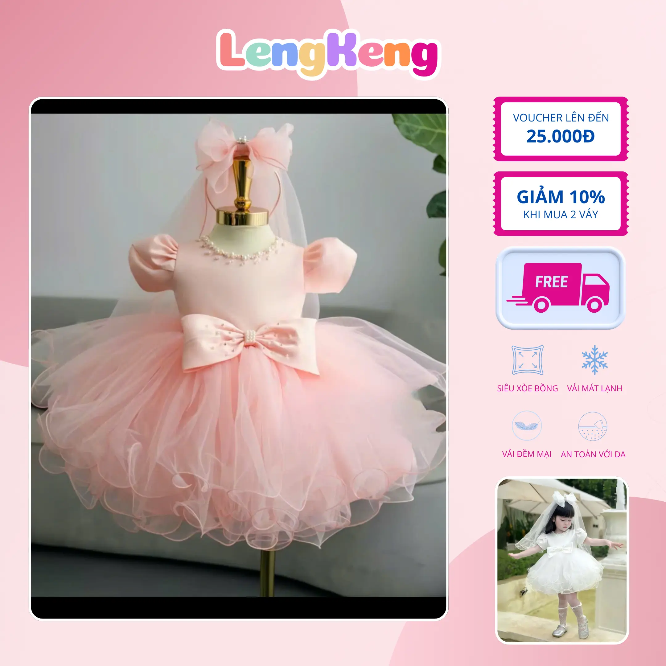Váy công chúa bồng bềnh cổ ngọc nơ eo siêu xinh cho bé từ 7 - 29kg đầm bé gái đi tiệc , váy trắng cho bé , váy phù dâu cho bé gái
