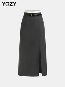 YOZY Women's Colorblock Belted Split Hem Skirt, Elegant Zipper Pocket Midi Skirt for Work Office Business, Ladies' Bottoms for All Seasons