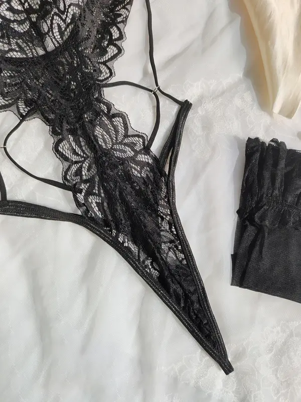 Women's Contrast Lace Sheer Lingerie Set, Sexy Lace Up Criss Cross Backless Cami Bodysuit & Thong One-piece & Stockings Set, Women's Lingerie & Underwear Set for All Seasons 8