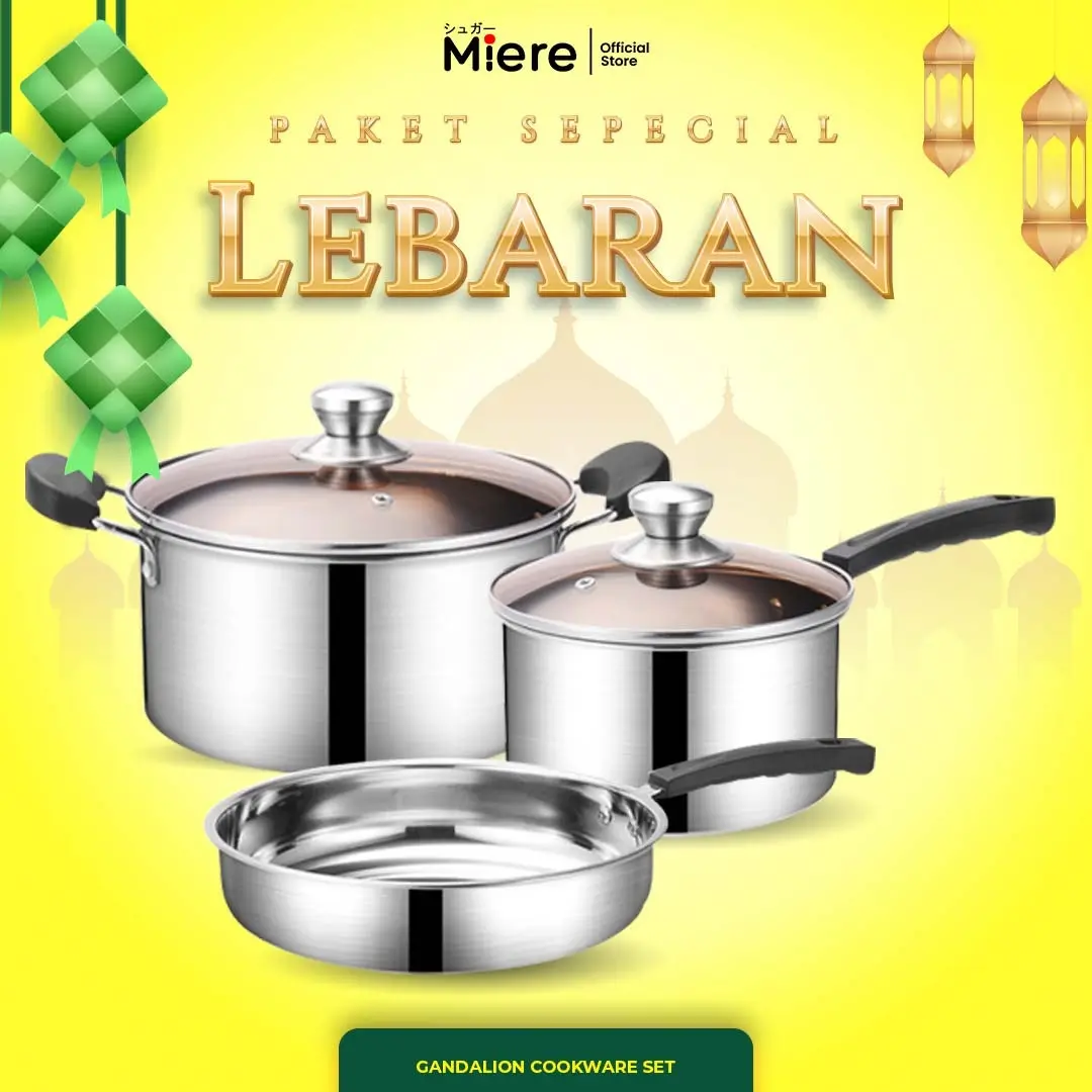 Miere Home - Panci Set Peralatan Masak Dengan Tutup Kaca Anti Gores Teflon Penggorengan Panci BMW Gandalion Bahan Stainless Serbaguna Isi 3 Pcs Anti Lengket Berbagai Ukuran Panci Serbaguna.
