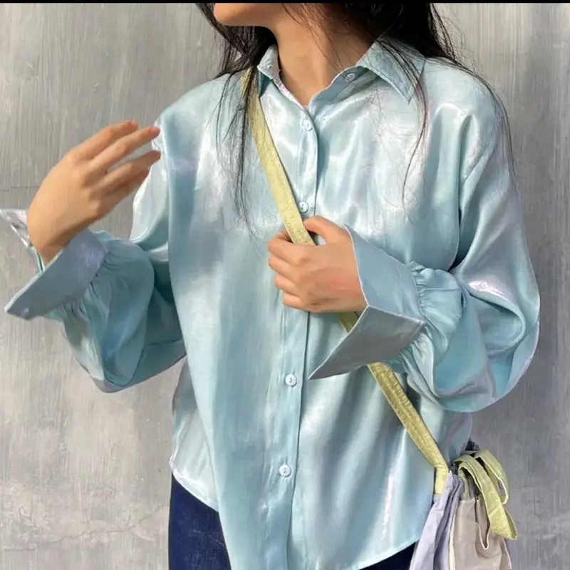 SHIMMER SHIRT /SHIMMER TOP premium Korean Model terbaru vintage colorfull tebal silky  oversize  atasan  wanita  baju  panjang Kancing Cantik Crop Remaja kemeja bona 6