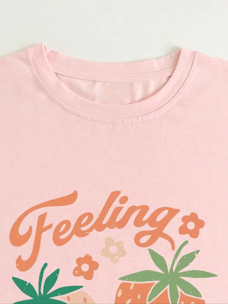 Product Introduction of 【Plus Size】Letter & Strawberry Print Drop Shoulder Tee, Casual Kawaii Crew Neck Short Sleeve T-shirt for Daily Wear, Women Plus Clothing for Summer 3