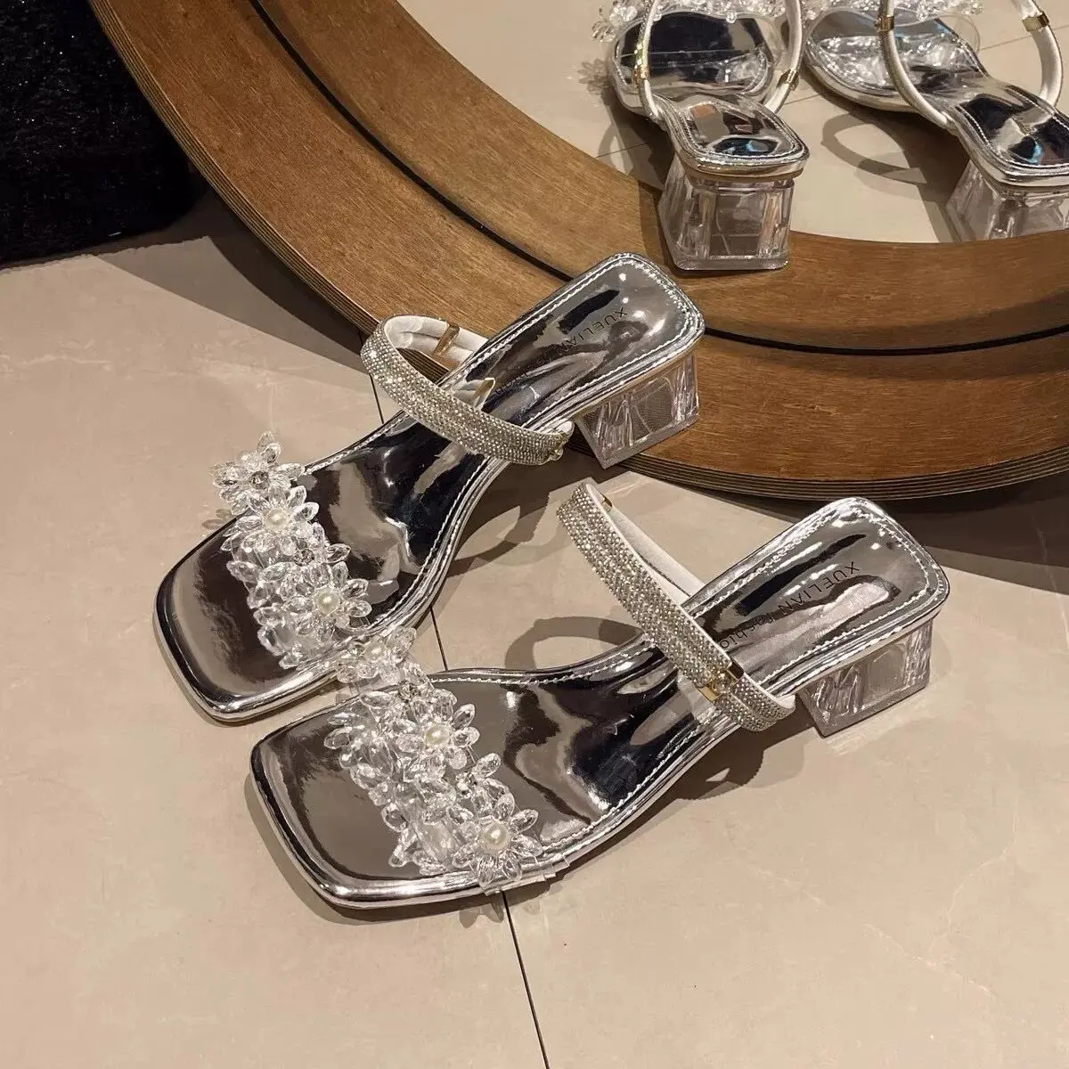 Rhinestone Transparent Chunky Heel Slippers Women's Summer Two-Way Fashion Fairy Temperamental French Sandals Ankle-Strap Sandals 2024 New