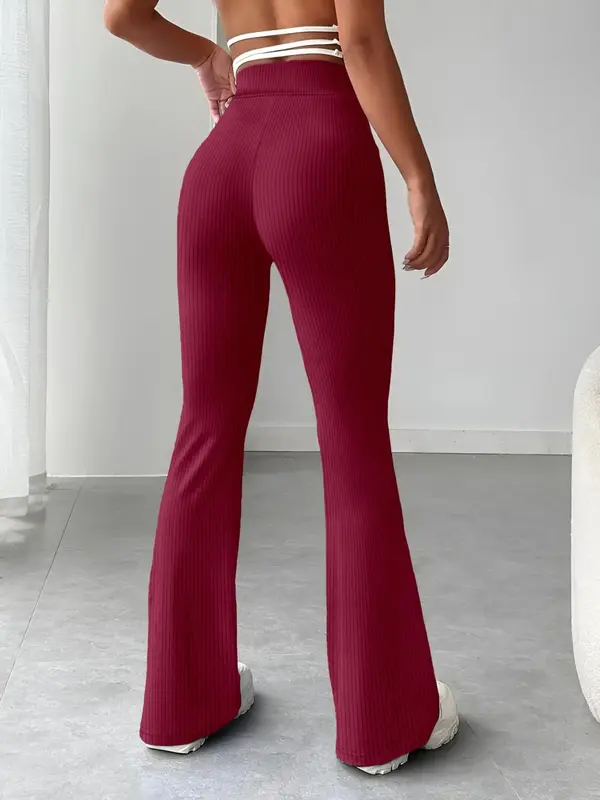 Women's Solid Ribbed Flare Leg Sports Pants, Casual Comfy High Waist Bell Bottom Trousers for Daily Wear, Ladies Bottoms Clothing for All Seasons 8