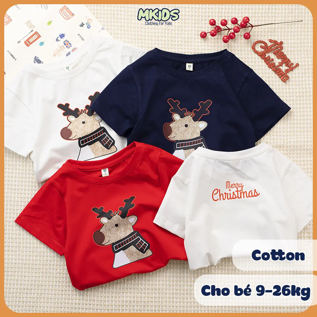 Áo thun Noel cho bé in hình chú Tuần lộc đáng yêu, chất thun cotton mềm mịn mát cho bé mặc đi chơi mùa giáng sinh
