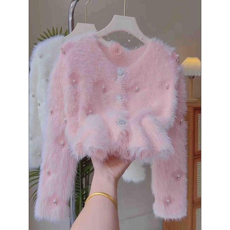 Áo Cardigan Dệt Kim, Len Giống Chồn, Hạt Công Nghiệp Nặng, Dành Cho Nữ, Phong Cách Mới Mùa Thu Và Mùa Đông, Màu Hồng, Nhỏ, Mềm Mại Và Nếp, Áo Khoác Len Cropped