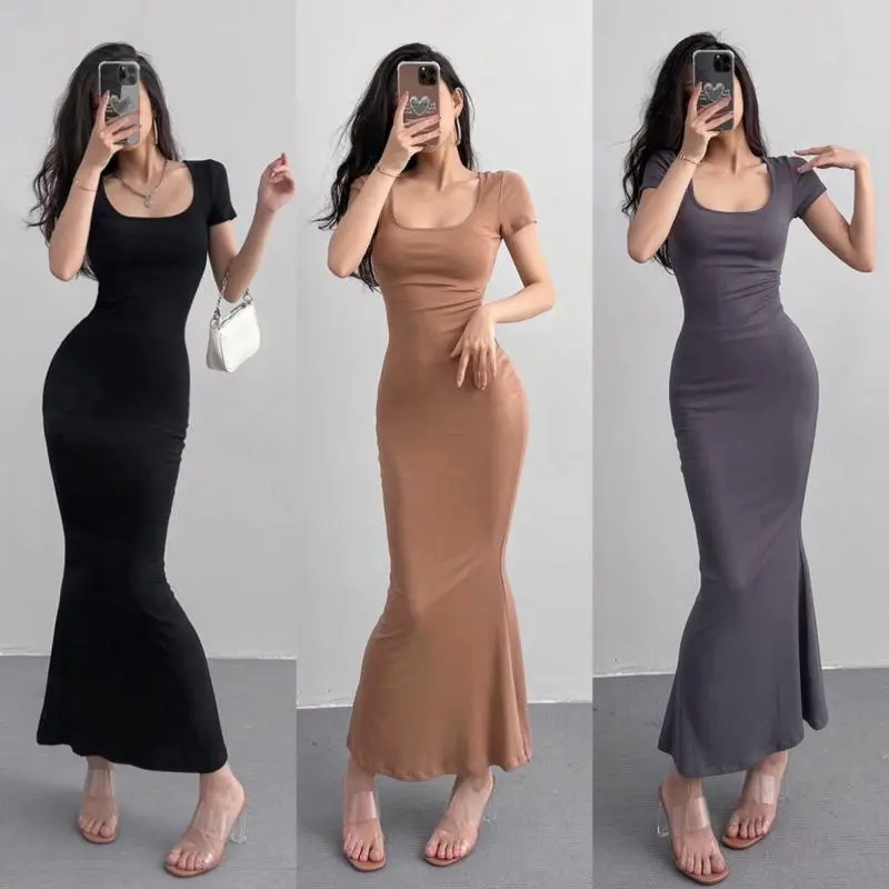 SG Hong Kong style French retro style dress for women's summer slim fit sexy wrap buttocks fishtail long skirt