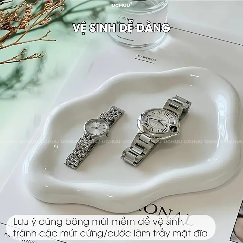 Khay Sứ Mạ Bạc Cao Cấp UCHUU, Đĩa Viền Dày Đựng Trang Sức, Đồ Ăn, Background Chụp Ảnh, Decor Phòng 8