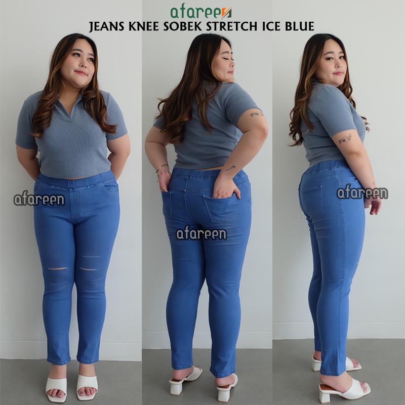 Afareen - Jeans Pinggang Karet Jumbo Ripped Celana Jeans Sobek Wanita Knee Legging Jeans Jumbo Size 31-43 4