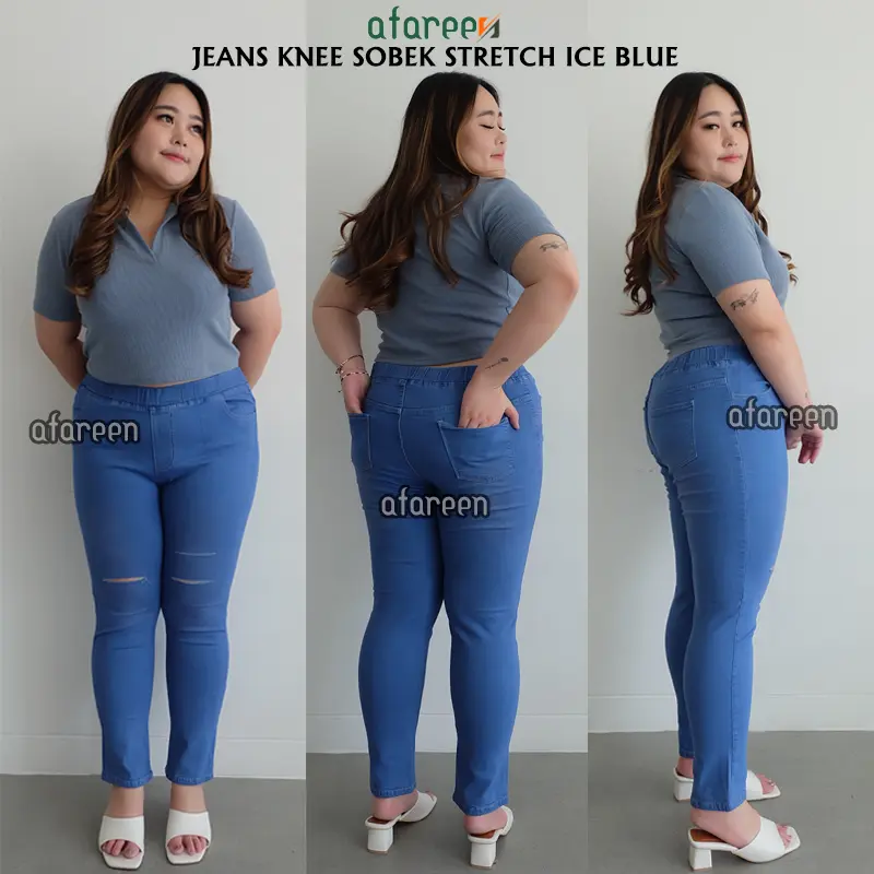 Afareen - Jeans Pinggang Karet Jumbo Ripped Celana Jeans Sobek Wanita Knee Legging Jeans Jumbo Size 31-43 3