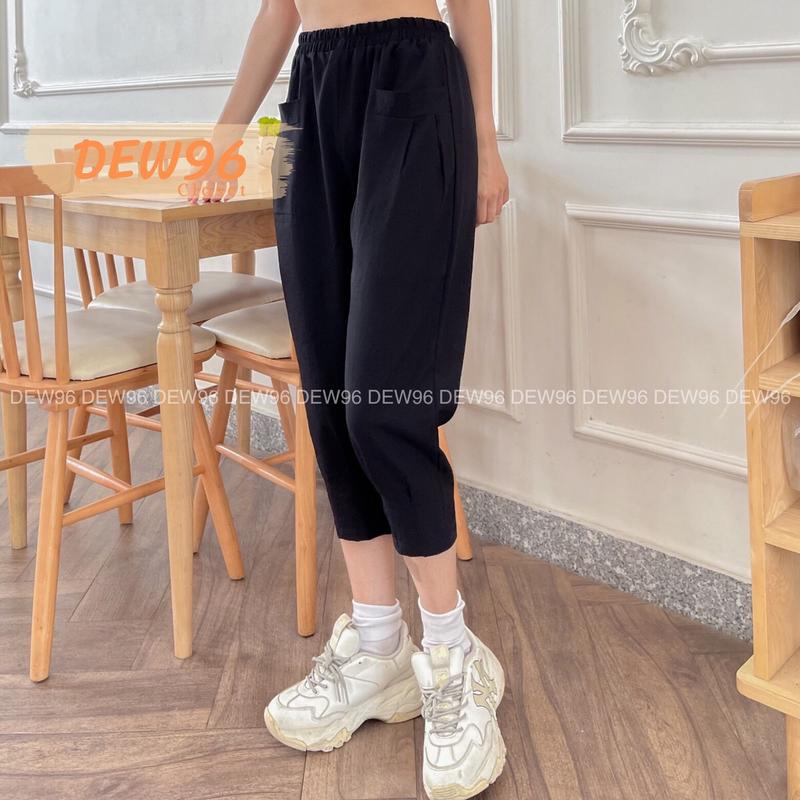 Quần baggy nữ chất vải đũi dáng lỡ cạp chun ly gấu có túi Women