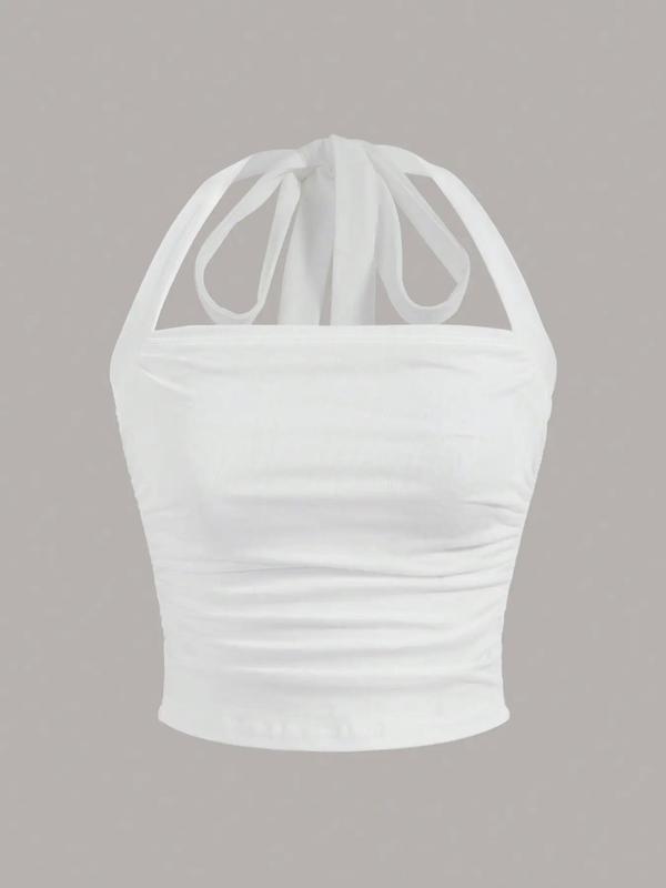Women's Solid Ruched Halter Neck Backless Crop Top, Summer Clothes, Going Out Top, Holiday Outfits, Casual Elegant Sleeveless Tie Back Top for Summer, Ladies Clothes for Daily Wear 1