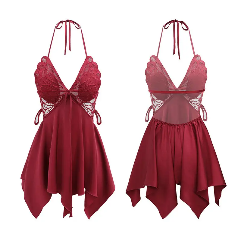Ladies' bowknot decorated tie-front backless halter sleep dress, asymmetrical tie-back sleeveless strapless nightgown, soft and comfortable ladies' sleep dress, with built-in padding and bust support sleep dress Womenswear Loungewear