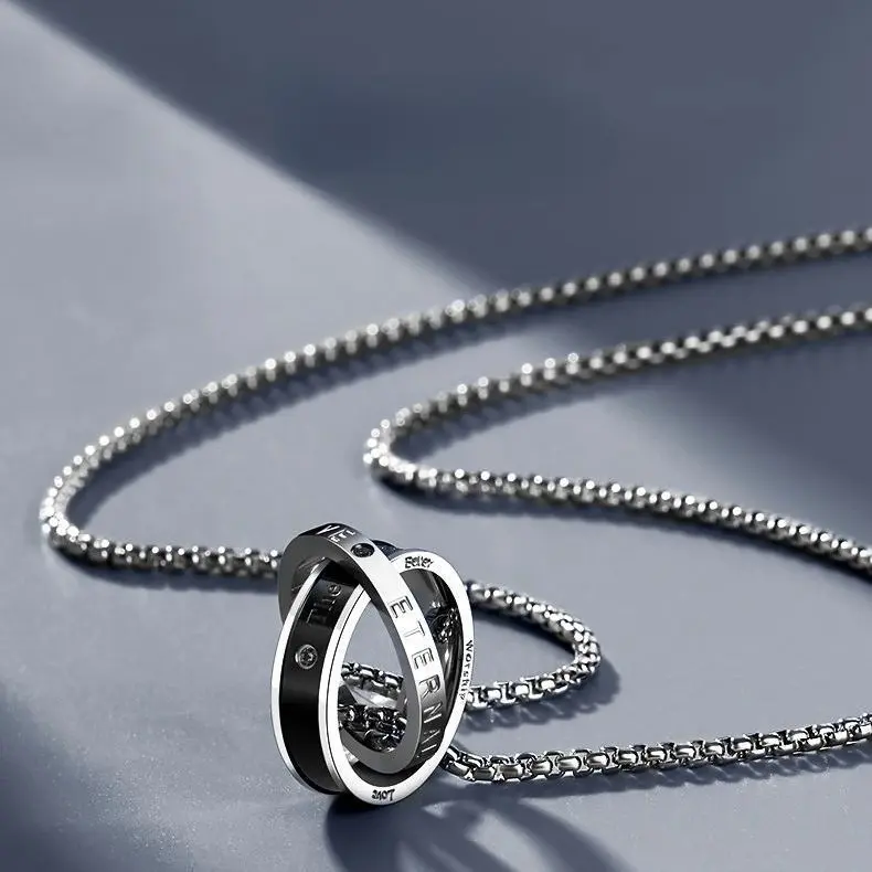 Kalung, Bahan Keluli Titanium, Padanan Gaya Hip Hop, Loket Cincin Berganda, Fesyen, Uniseks, Kalung Personaliti