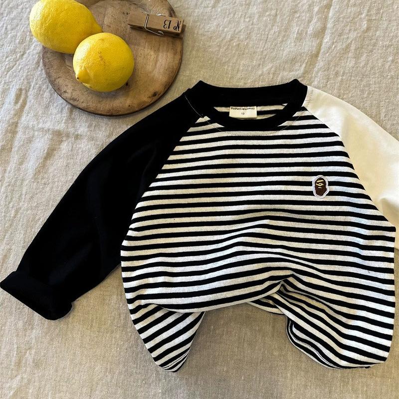 Áo Thun Bé Trai Và Bé Gái, Chất Liệu Cotton, Dài Tay, Thêu Và Khâu, Thiết Kế Sọc, Dễ Phối Đồ, Thích Hợp Cho Quần Áo Trẻ Nhỏ, Áo Lớp Nền, Lý Tưởng Cho Mùa Xuân Và Mùa Thu, Phong Cách 2024 4