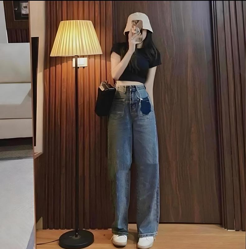 Quần Jean Ống Suông Tháo Túi Trái Cạp Cao Leda Nữ Quần Bò Nấm Lùn Túi Kiểu