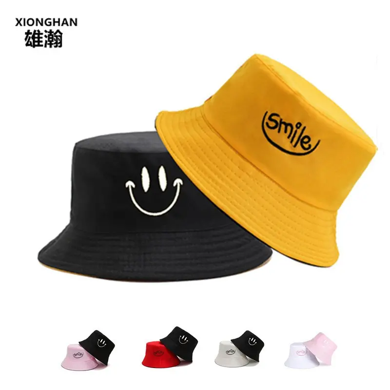 Double Fisherman Hat Woman Embroidery Smiling Face Two Sides with Visor Four Seasons Universal Basin Hat Literary Hat Man