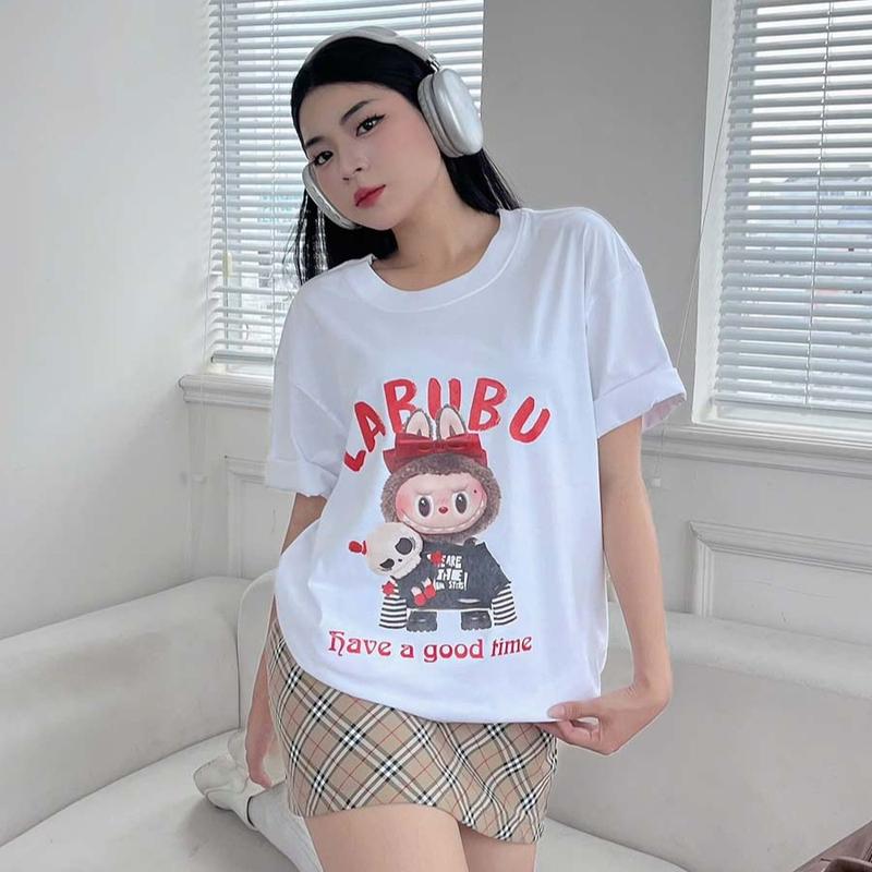 Áo thun Junos in hình LABUBU Chestnut Cocoa cotton nữ siêu cute kiểu unisex form oversize cổ tròn top Women. 5