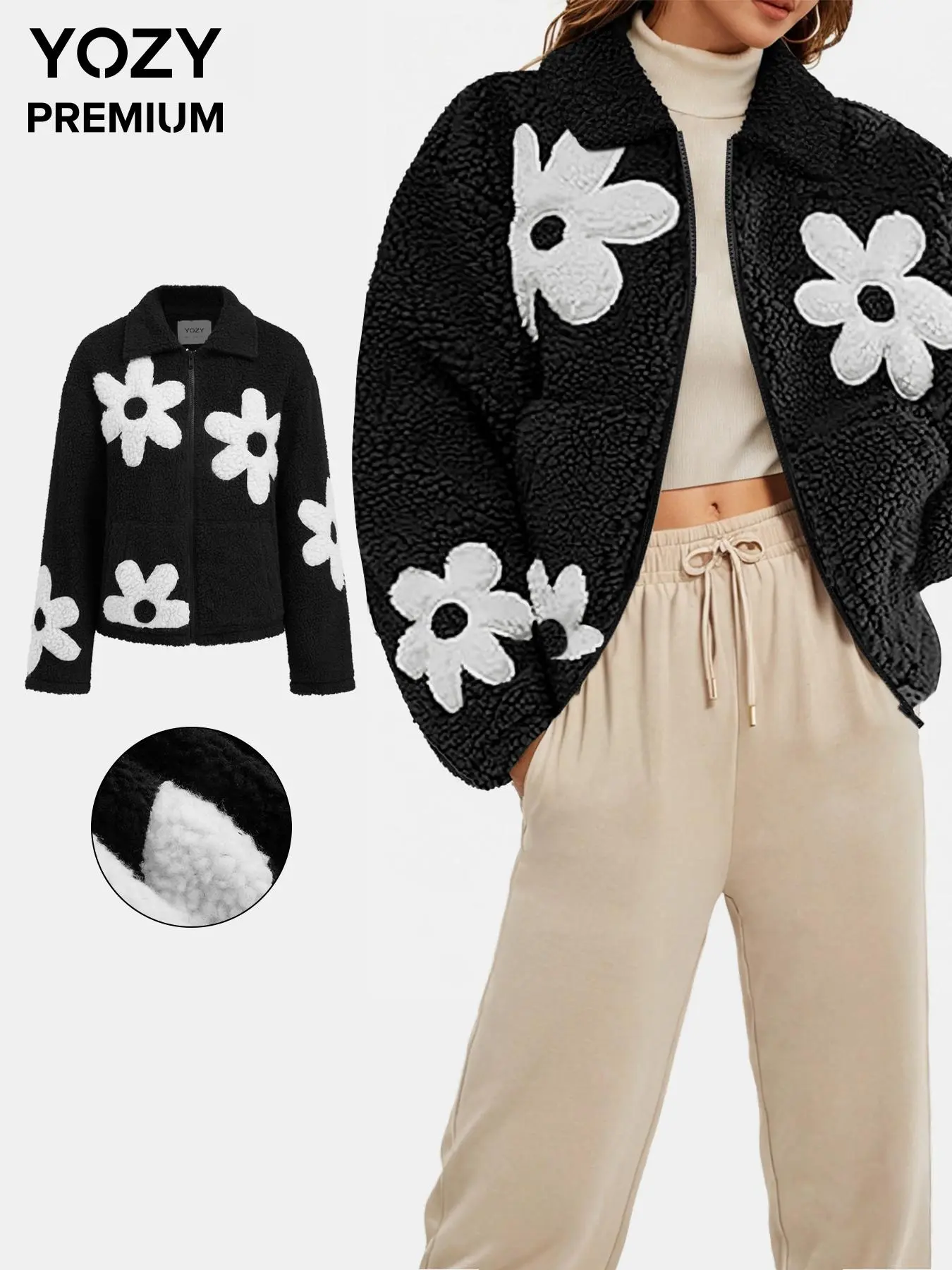 YOZY Women's Floral Pattern Zip Up Drop Shoulder Fleece Jacket, Casual Long Sleeve Plush Collared Outerwear for Fall & Winter, Ladies Clothes for Daily Wear