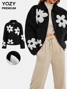 YOZY Women's Floral Pattern Zip Up Drop Shoulder Fleece Jacket, Casual Long Sleeve Plush Collared Outerwear for Fall & Winter, Ladies Clothes for Daily Wear