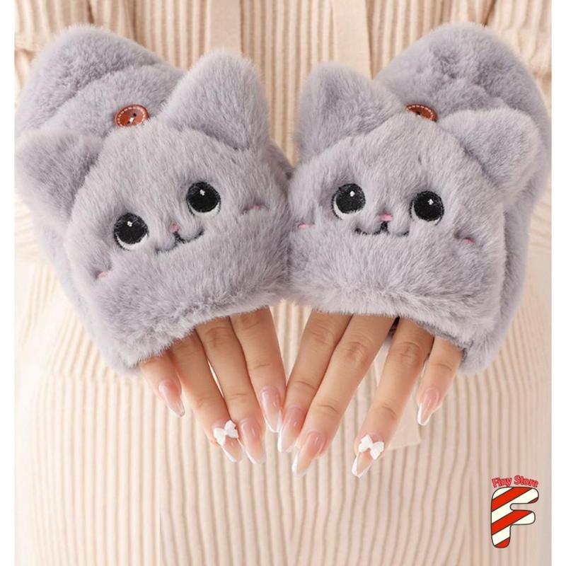 Găng tay hở ngón nữ hình mèo dễ thương vải polyester mềm dày dặn găng tay cụt ngón ngữ ấm vào mùa đông GT-MÈO
