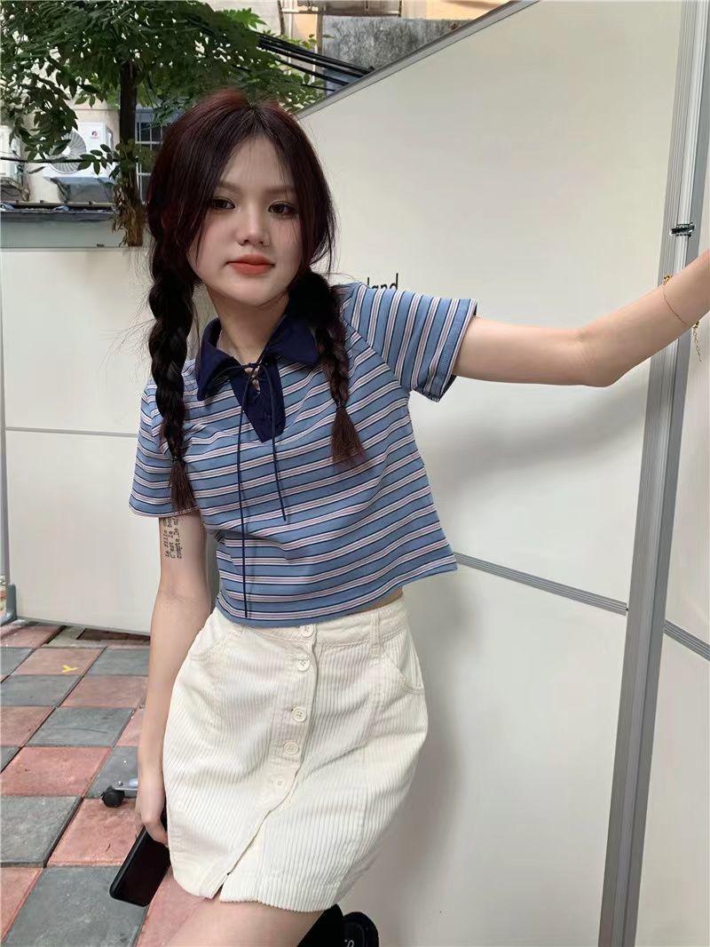 Product Introduction of Áo Thun Sọc, Cổ Polo Màu Tương Phản, Dành Cho Nữ, Phong Cách Cổ Điển Mùa Hè, Mỏng Vừa Vặn, Ngắn Tay, Áo Vai Ngắn, Bán Chạy 10
